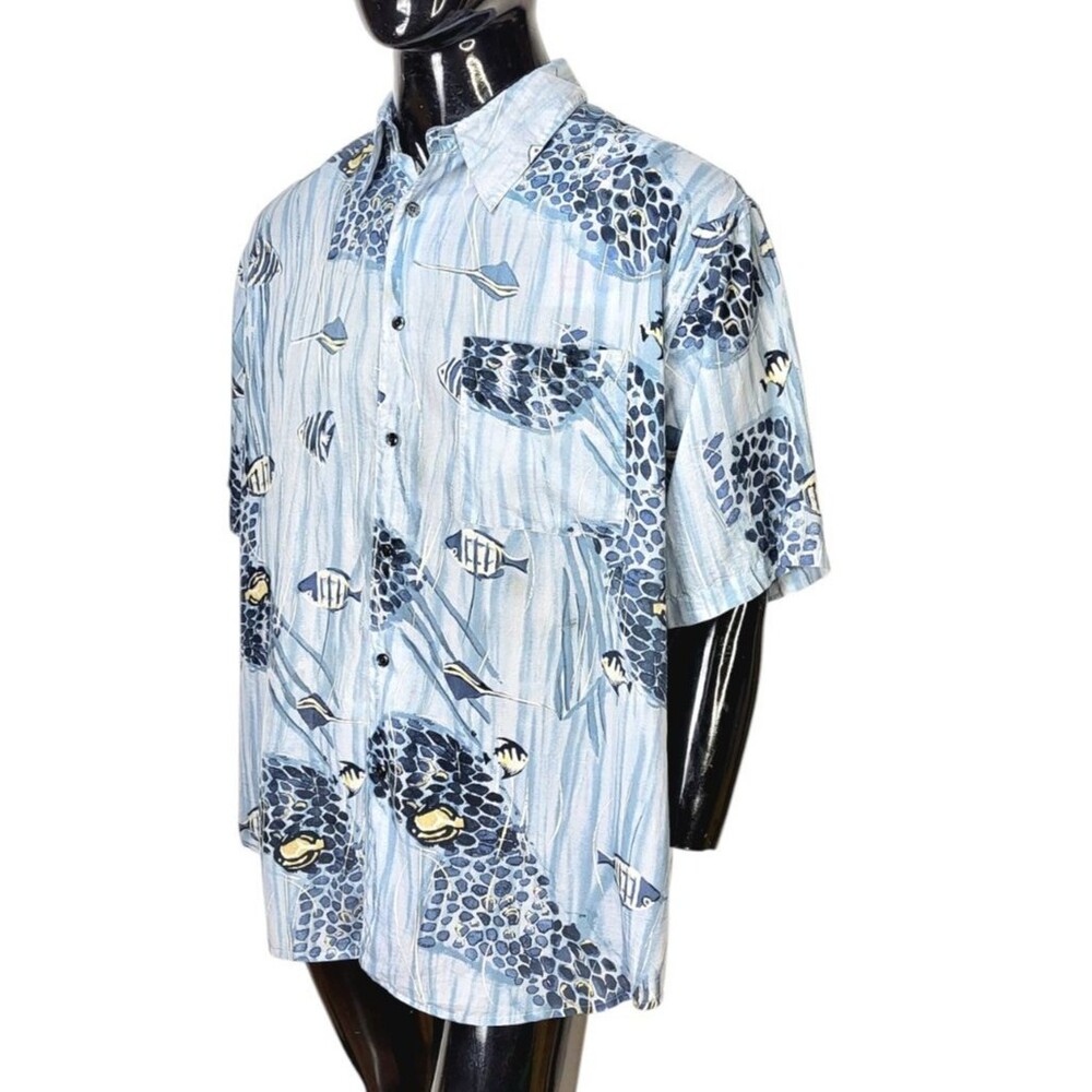 Vintage Roundtree & Yorke 100% Silk Ocean Fish Print Button-Down Shirt Men's XL